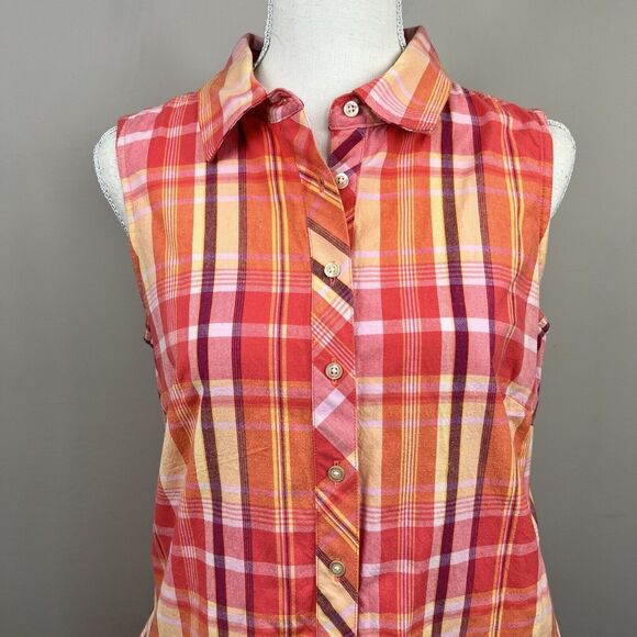 Talbots Sleeveless Plaid Shirt Dress Size 6 Pink Orange - Picture 2 of 12